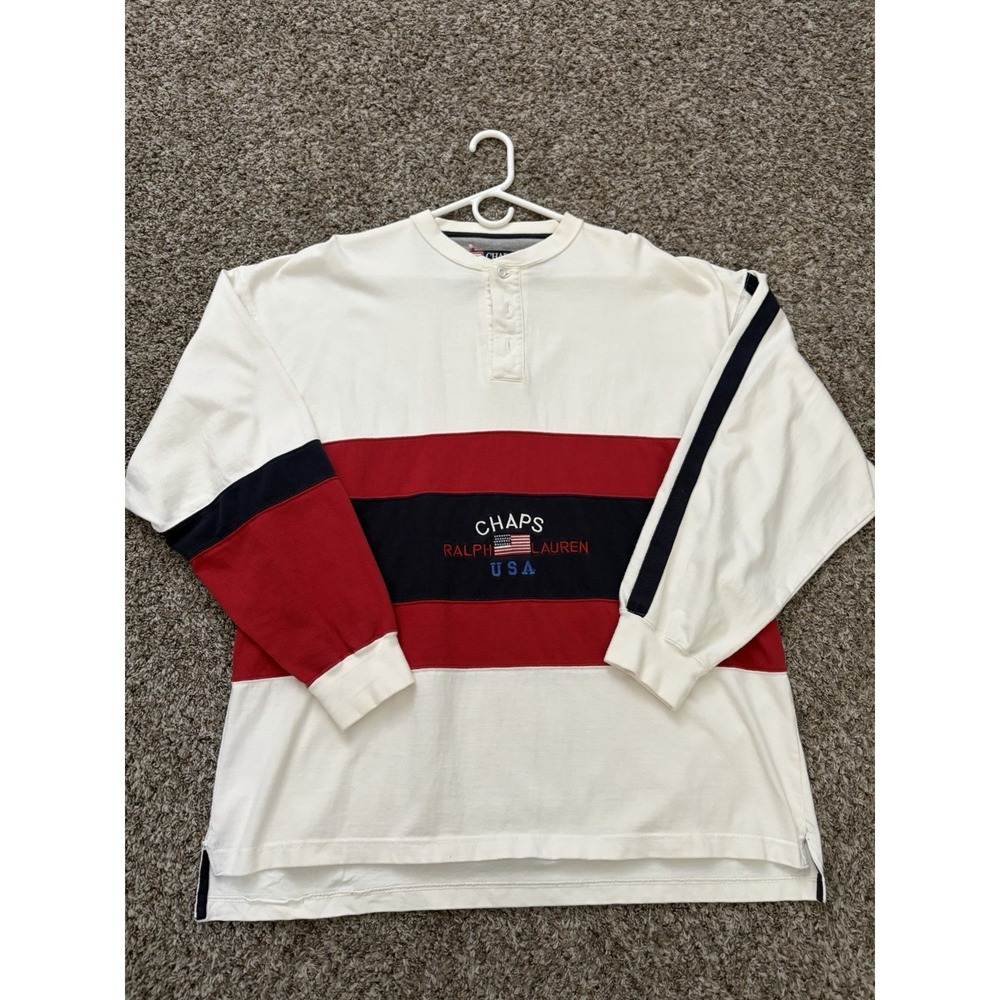 Vintage Chaps Ralph Lauren Oversized Long Sleeve Shirt Red White Blue Flag XL